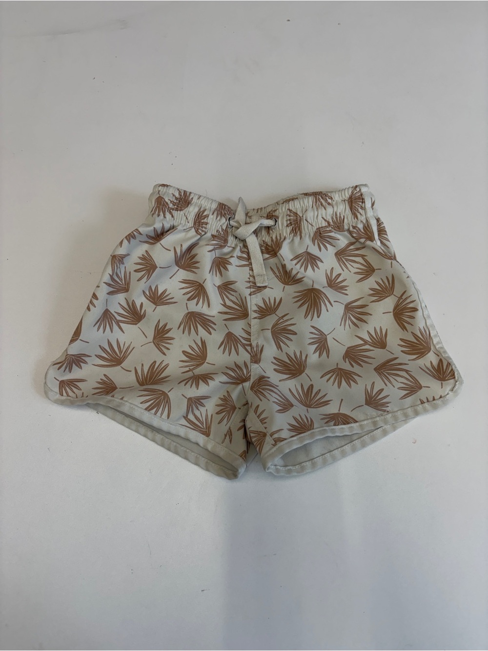Rylee + Cru Cream Swim Trunks with Brown Leaf Print